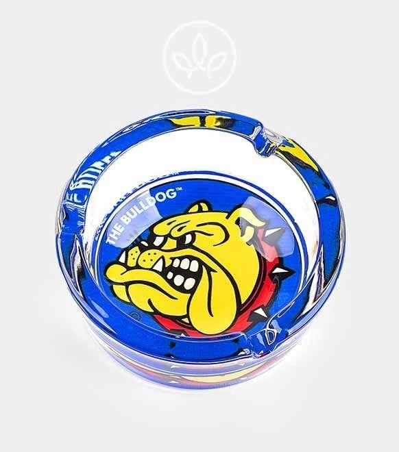 Aschenbecher aus Glas mit farbigem Logo